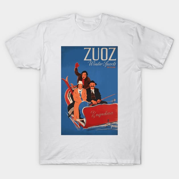 Winter Sports in Zuoz, Switzerland - Vintage Swiss Travel Poster T-Shirt by Naves